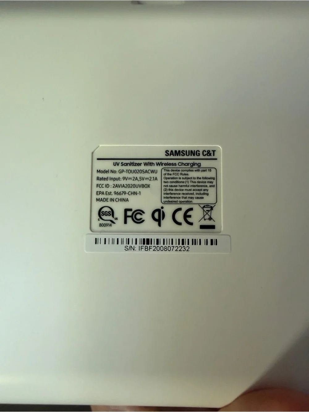 Samsung White UV Sanitizer with Wireless Charging